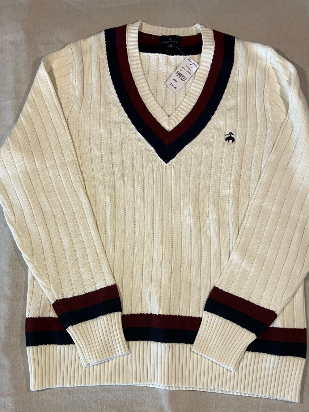 Brooks Brothers Men’s L Cable Knit V-Neck Sweater Ivory Burgundy Navy New!